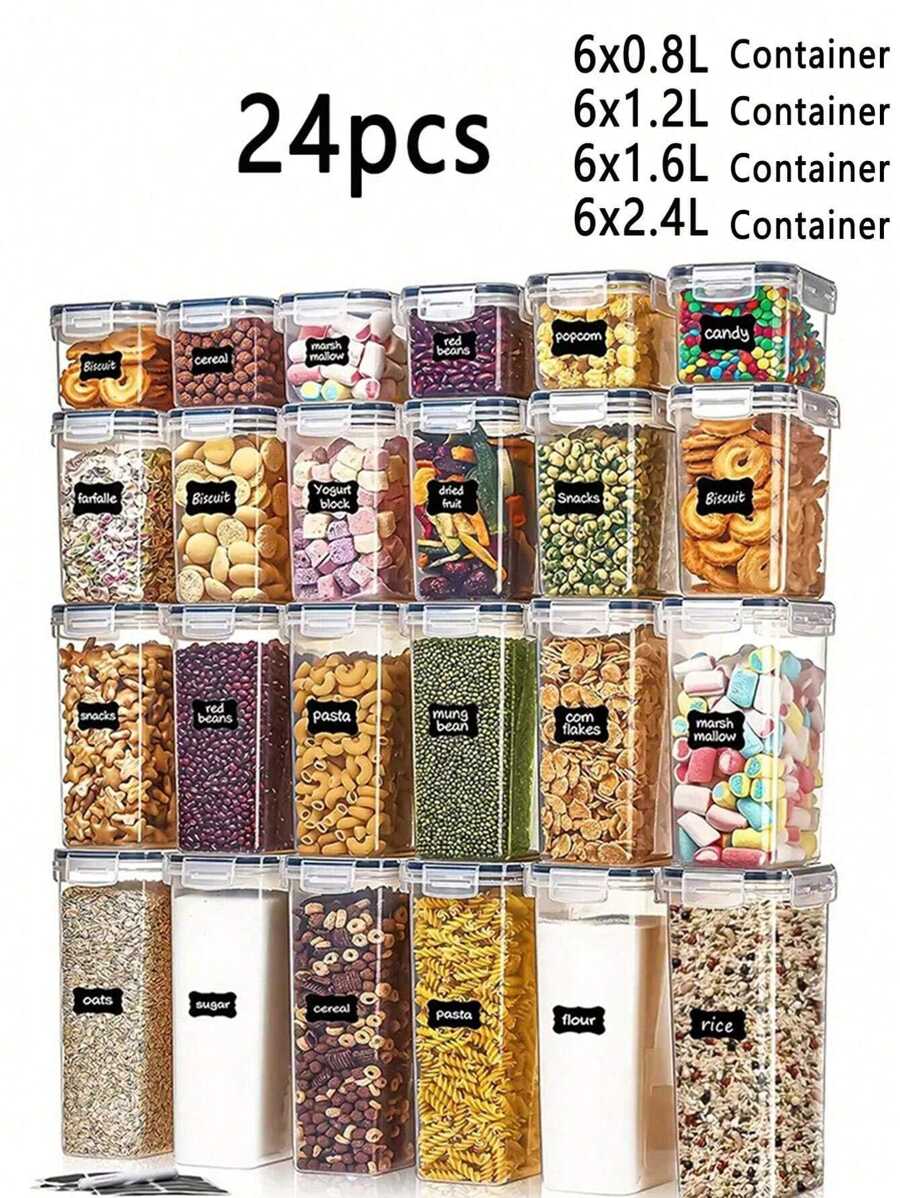 4/6/7/10/12/18/24pcs Airtight Food Storage Containers: Plastic Canisters For Spaghetti, Dry Food, Flour & Sugar - Includes Labels!