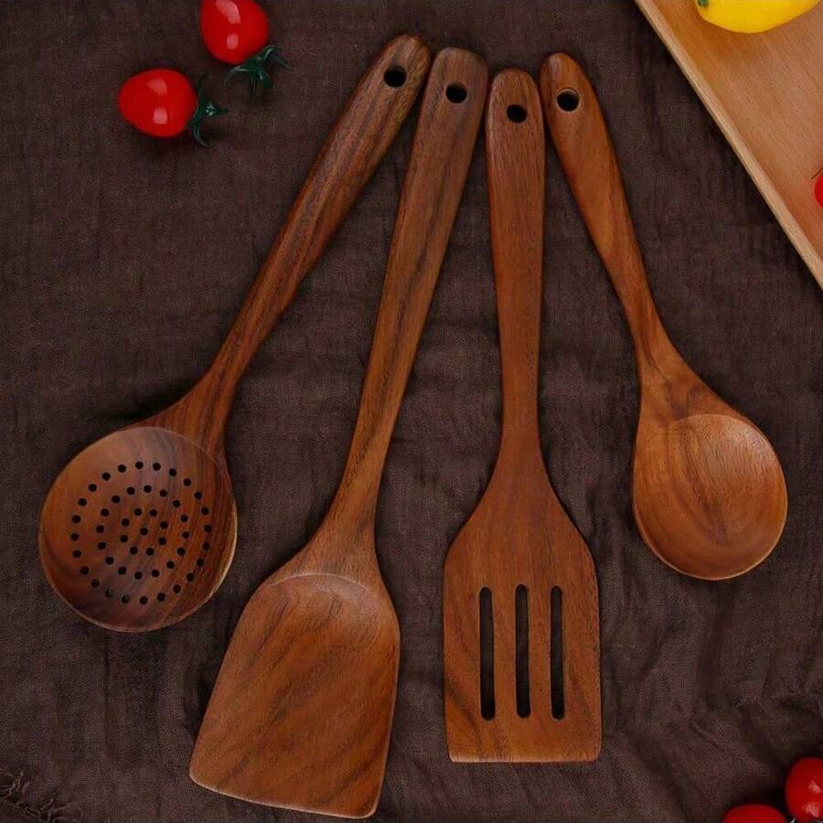 5pcs Wooden Cooking Utensil Set, Including Wok Spatula, Natural Wooden Kitchen Tools, Slotted Spoon, Ladle, Wooden Turner, Tableware Set, Wooden Spatula And Spoon
