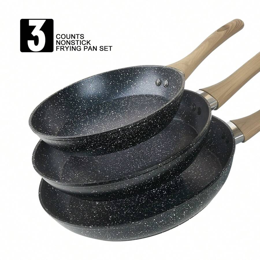 1pc/2pcs/3pcs Cookware Set, Thick Bottom Non-Stick Coating, Wooden Handle, Easy To Clean, Suitable For Various Stoves And Kitchen Cooking, Note The Size, Choose Set Or Single Pan