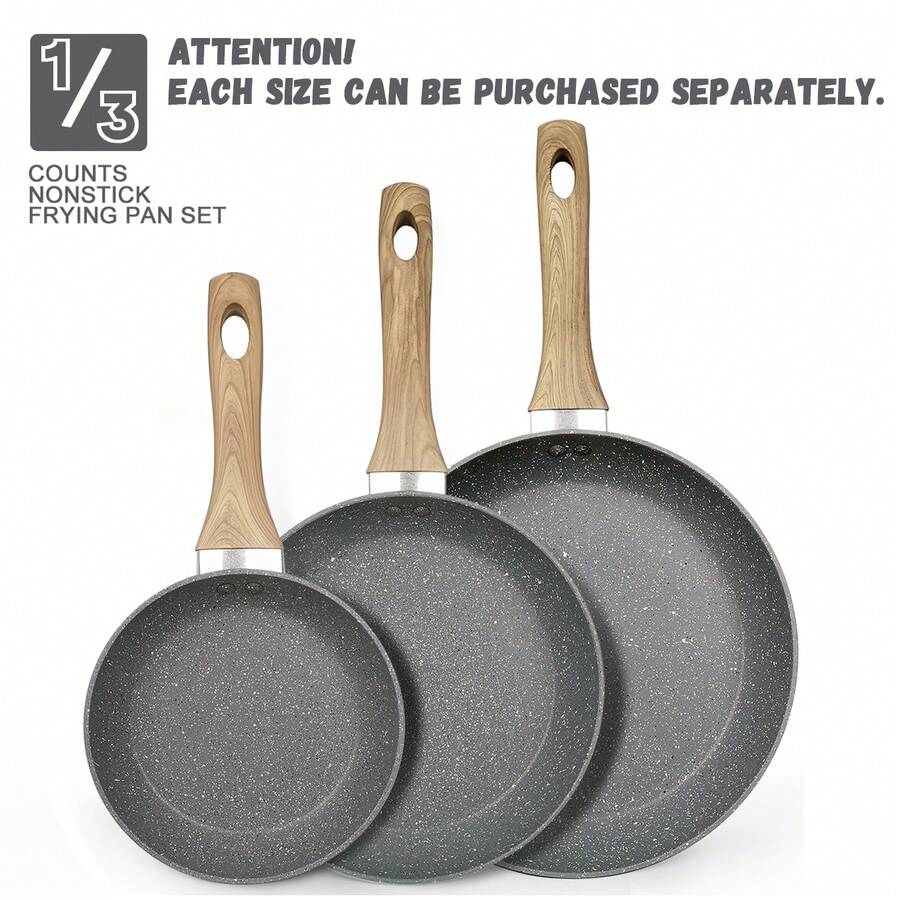 1pc/2pcs/3pcs Cookware Set, Thick Bottom Non-Stick Coating, Wooden Handle, Easy To Clean, Suitable For Various Stoves And Kitchen Cooking, Note The Size, Choose Set Or Single Pan