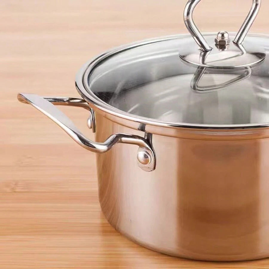 1pc Stainless Steel Mini Cooking Pot, Suitable For Electric And Gas Stoves, With See-Through Glass Lid, Ideal For Individual, Home Use Or Hot Pot Seafood Boil
