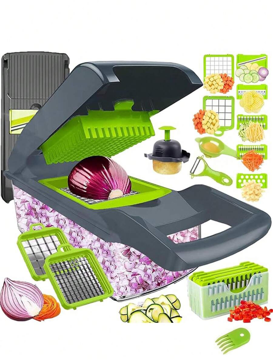 Vegetable Chopper With Container | Cheese Grater, Salad, Slicer, Shredder For Cabbage, French Fry Cutter Stainless Steel Suitable For Vegetables, Onions, Potatoes, Fruits, Manual Cooking Tools, Kitchen Gadgets, Party, Birthday Kitchen Supplies
