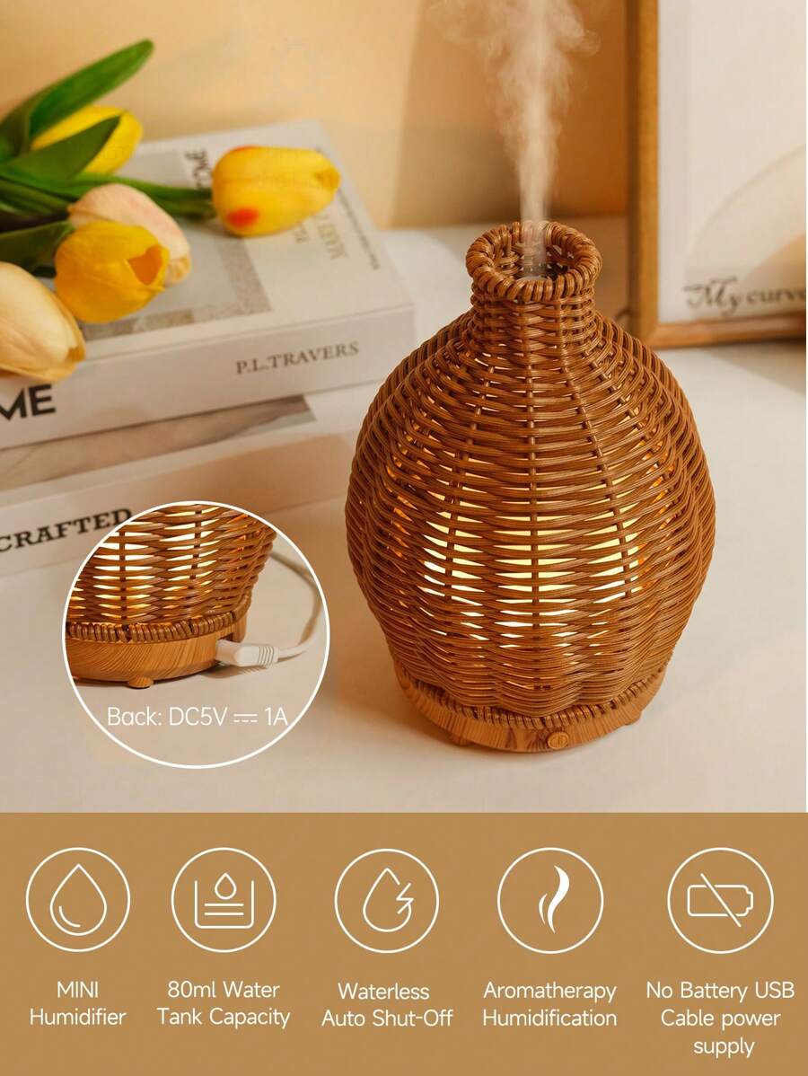 1pc USB 5V 80ml PP Rattan Craft Ultrasonic Aroma Diffuser Humidifier, Suitable For Small Rooms Aroma Diffusion And Humidification