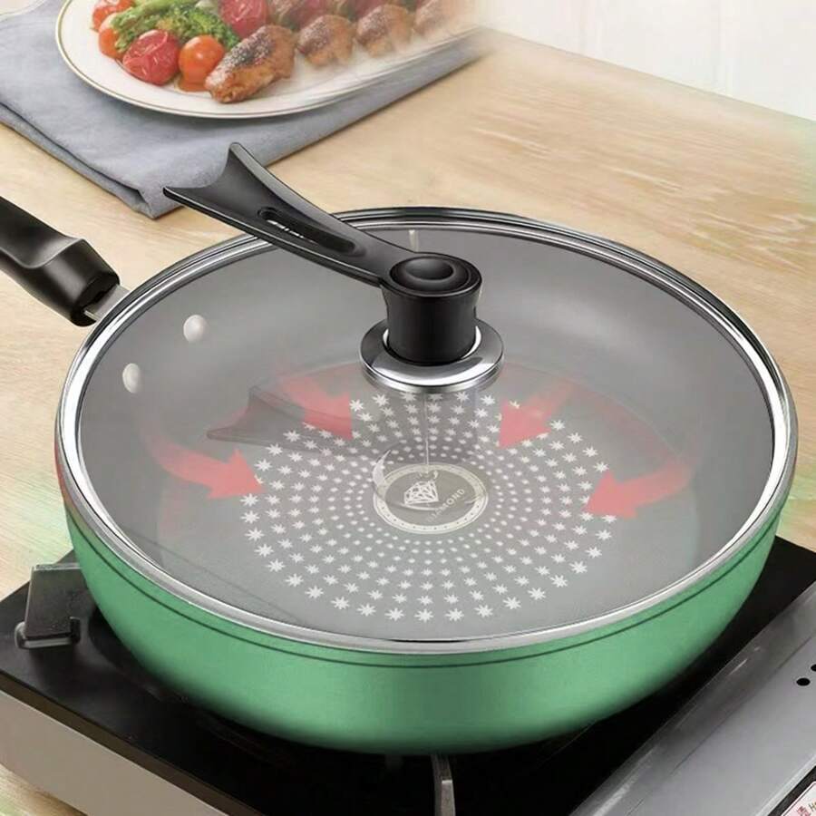 24cm Red/Green/Uncovered/Covered/Crystal Inlaid Non-Stick Frying Pan, Thick Bottom, Low Smoke, Suitable For Gas & Electric Stove Seafood Boil