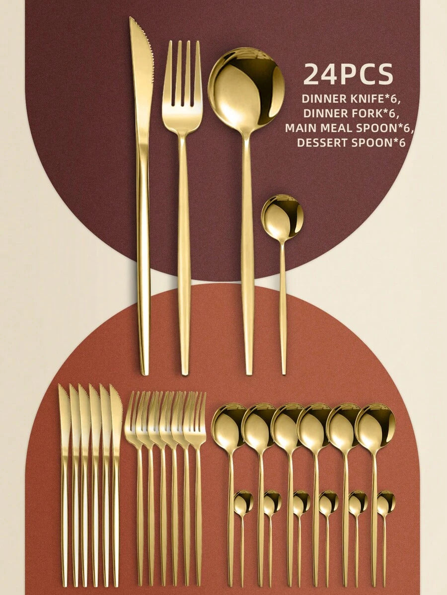 24pcs Stainless Steel Hotel Flatware Set, Includes Forks, Spoons, And Tea Spoons