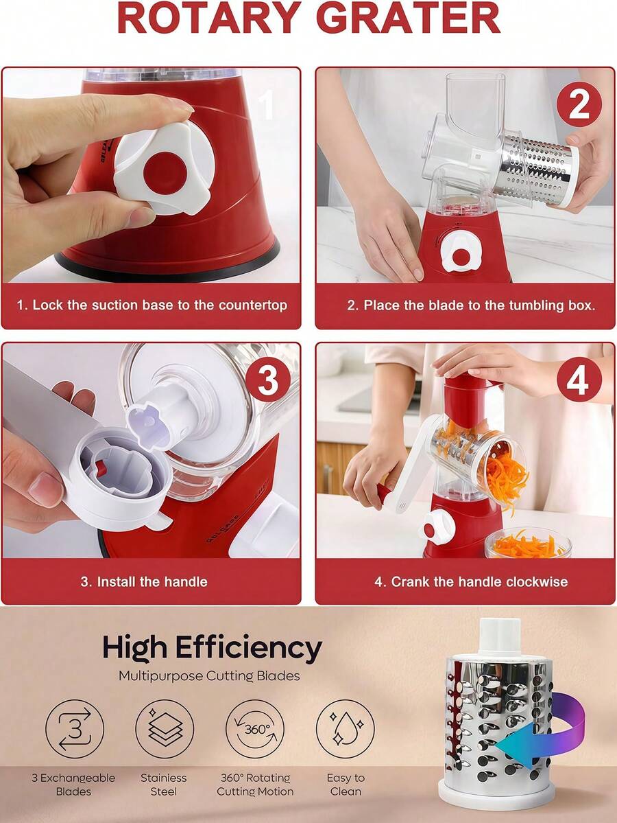 1 Set Rotary Cheese Grater, Kitchen Rotary Shredder With 3 Blades, Vegetable Slicer, Quick Cheese Grater For Vegetables And Nuts