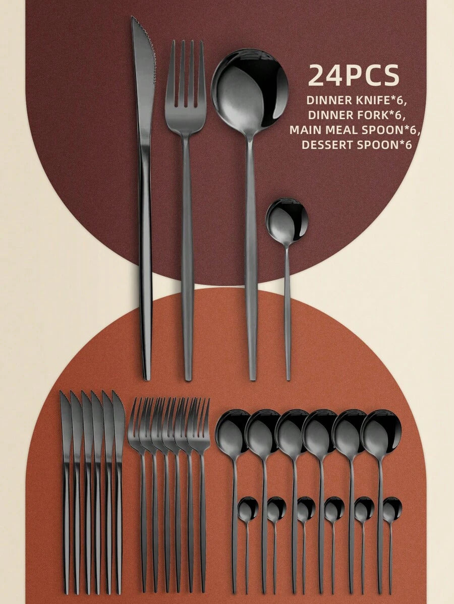 24pcs Stainless Steel Hotel Flatware Set, Includes Forks, Spoons, And Tea Spoons