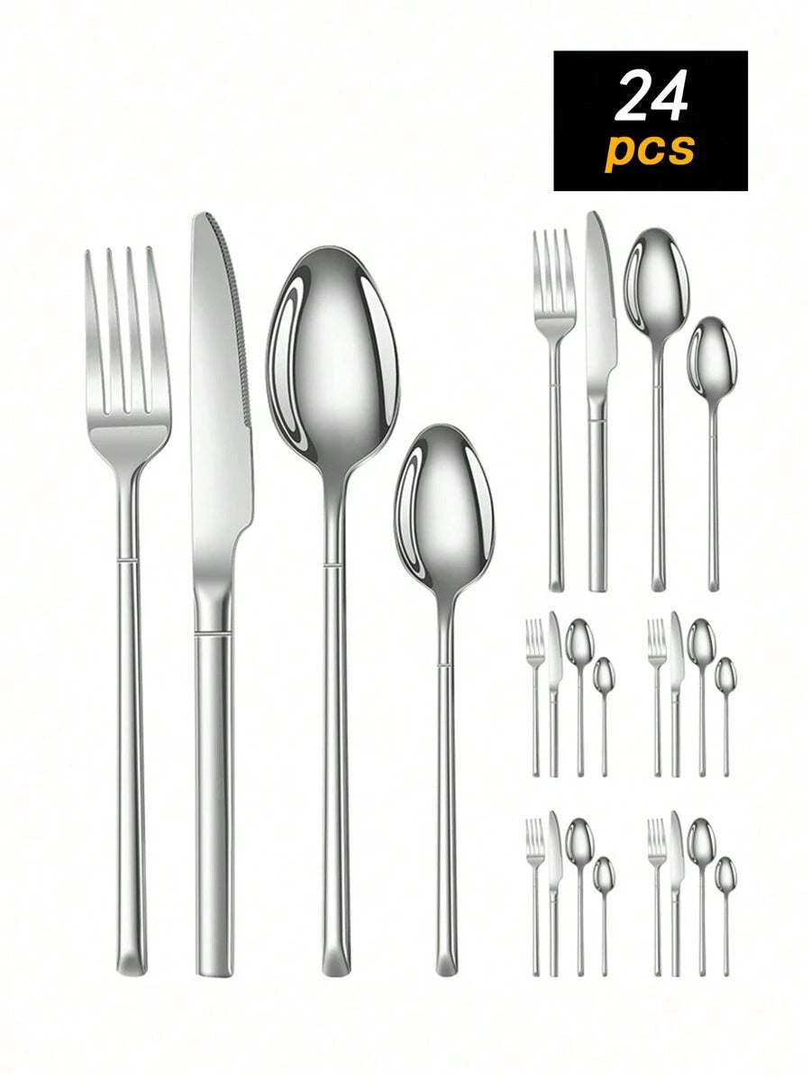 4pcs/16pcs/24pcs Stainless Steel Knight Tableware Set, Knife, Fork, Spoon, Western Dinner Cutlery, Steak Knife & Fork, Dessert Spoon, For Hotel & Restaurant,School Supplies