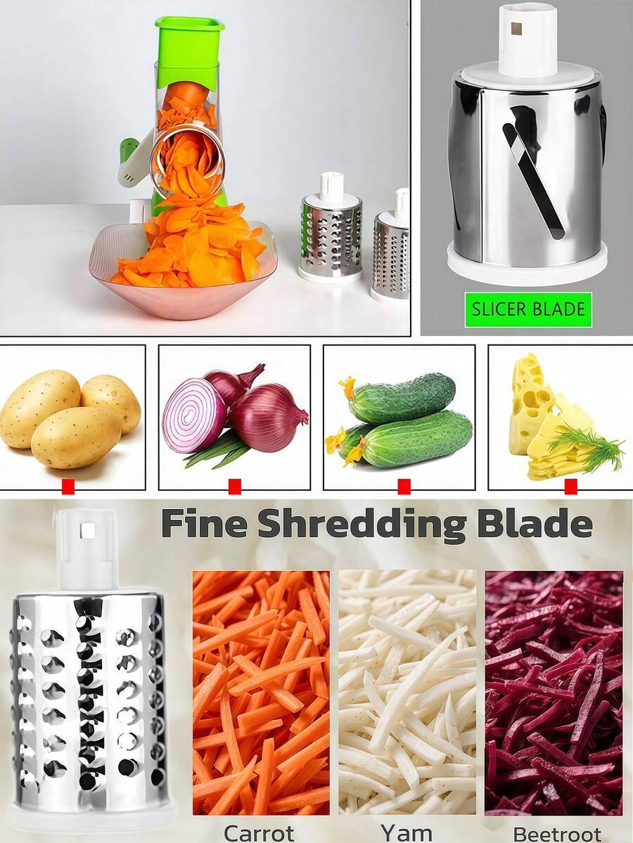 1 Set Rotary Cheese Grater, Kitchen Rotary Shredder With 3 Blades, Vegetable Slicer, Quick Cheese Grater For Vegetables And Nuts