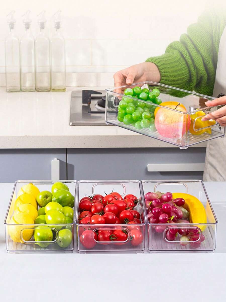 1pc/2sets Transparent Durable Storage Boxes, Stackable Large Capacity Storage Bins, Suitable For Refrigerator, Freezer, Cabinet, Pantry, Kitchen Storage Boxes And Cabinets, Kitchen Accessories, Refrigerator Organizer Boxes, Snack Boxes, Spice Jars, Valent