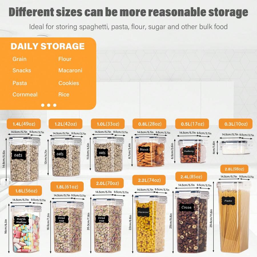 4/6/7/10/12/18/24pcs Airtight Food Storage Containers: Plastic Canisters For Spaghetti, Dry Food, Flour & Sugar - Includes Labels!