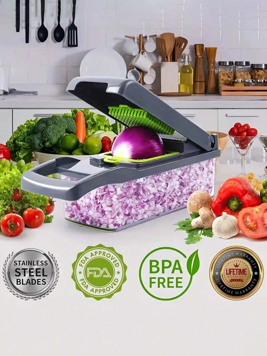 Vegetable Chopper With Container | Cheese Grater, Salad, Slicer, Shredder For Cabbage, French Fry Cutter Stainless Steel Suitable For Vegetables, Onions, Potatoes, Fruits, Manual Cooking Tools, Kitchen Gadgets, Party, Birthday Kitchen Supplies