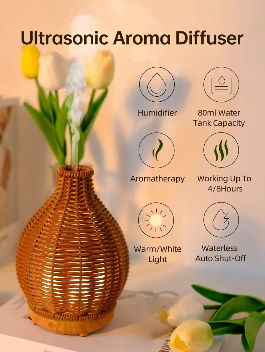 1pc USB 5V 80ml PP Rattan Craft Ultrasonic Aroma Diffuser Humidifier, Suitable For Small Rooms Aroma Diffusion And Humidification