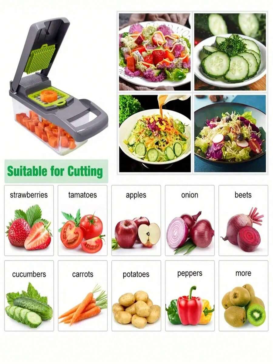Vegetable Chopper With Container | Cheese Grater, Salad, Slicer, Shredder For Cabbage, French Fry Cutter Stainless Steel Suitable For Vegetables, Onions, Potatoes, Fruits, Manual Cooking Tools, Kitchen Gadgets, Party, Birthday Kitchen Supplies
