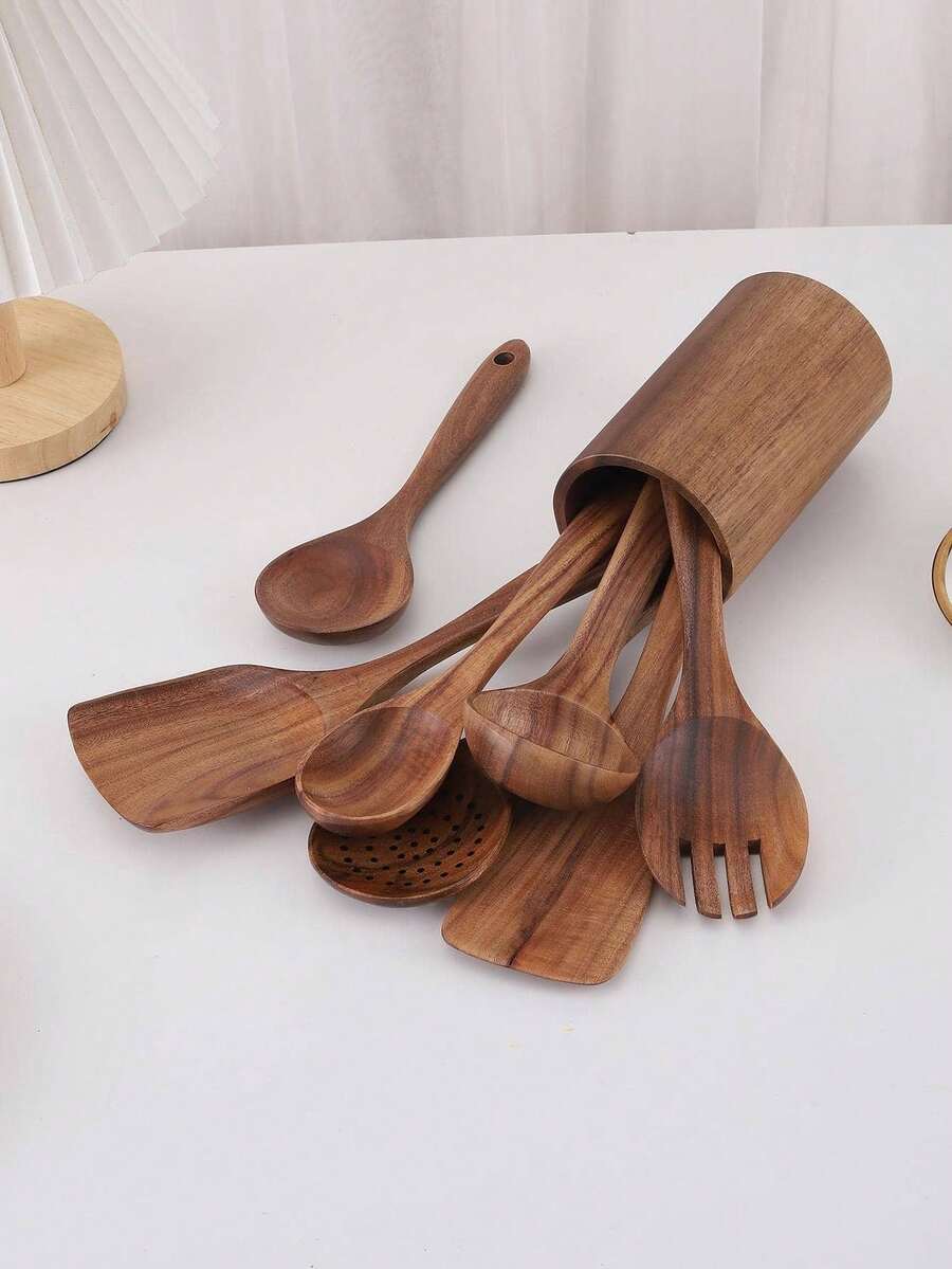 Cirelle 8pcs Wooden Cooking Utensil Set, Soup Spoon, Salad Fork, Long Rice Spoon, Slotted Spoon, Spatula, Utensil Holder, Kitchen Use, Rama Kitchen Essentials, Family Dining, Party Use, Housewarming Gift