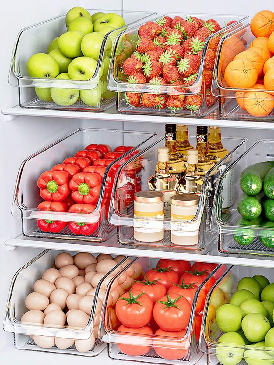 1pc/2sets Transparent Durable Storage Boxes, Stackable Large Capacity Storage Bins, Suitable For Refrigerator, Freezer, Cabinet, Pantry, Kitchen Storage Boxes And Cabinets, Kitchen Accessories, Refrigerator Organizer Boxes, Snack Boxes, Spice Jars, Valent