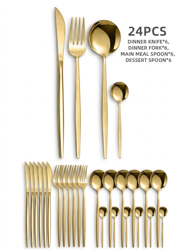 24pcs Stainless Steel Hotel Flatware Set, Includes Forks, Spoons, And Tea Spoons