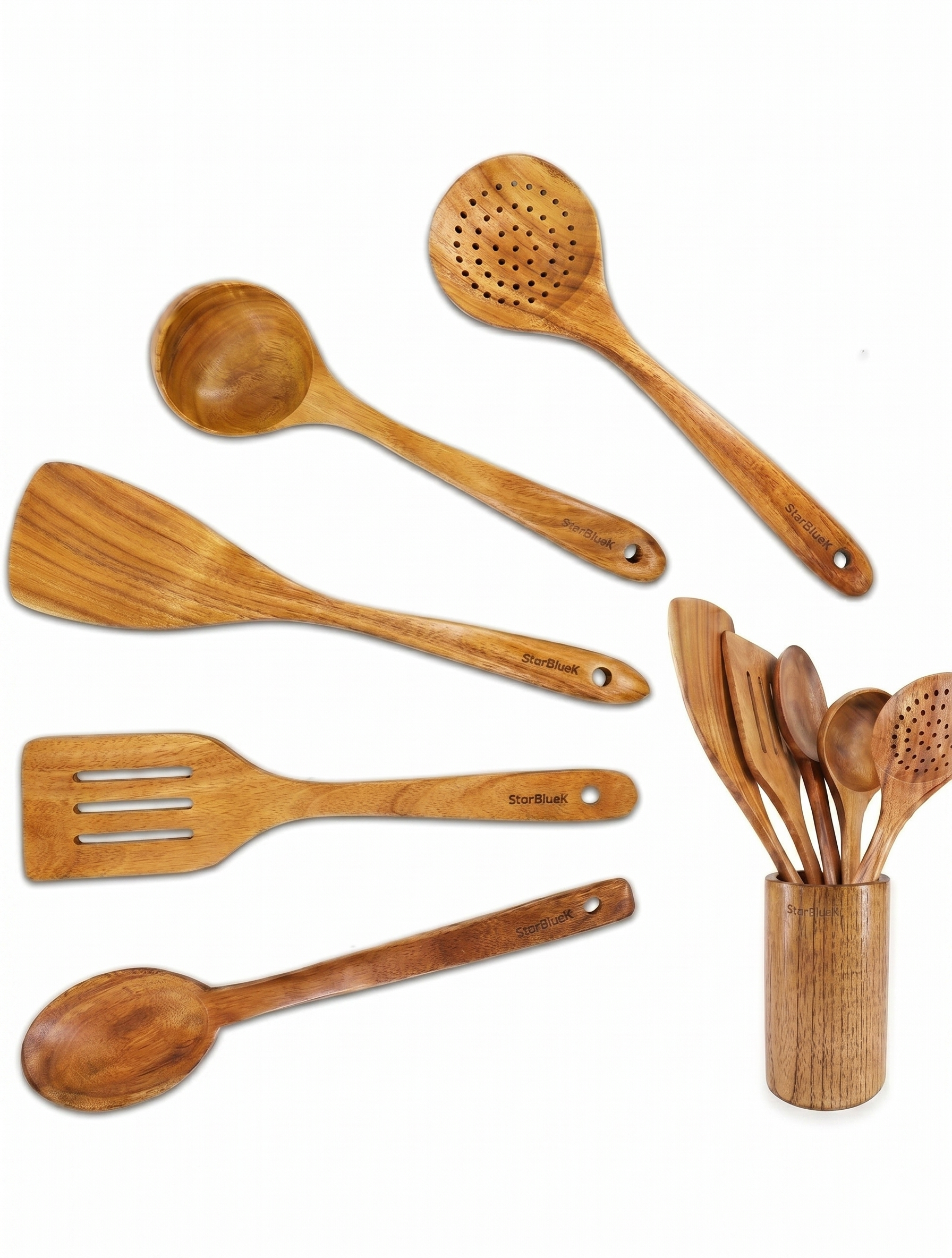 5pcs Wooden Cooking Utensil Set, Including Wok Spatula, Natural Wooden Kitchen Tools, Slotted Spoon, Ladle, Wooden Turner, Tableware Set, Wooden Spatula And Spoon