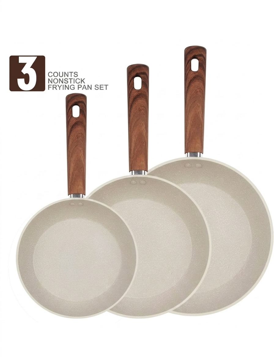 1pc/2pcs/3pcs Cookware Set, Thick Bottom Non-Stick Coating, Wooden Handle, Easy To Clean, Suitable For Various Stoves And Kitchen Cooking, Note The Size, Choose Set Or Single Pan