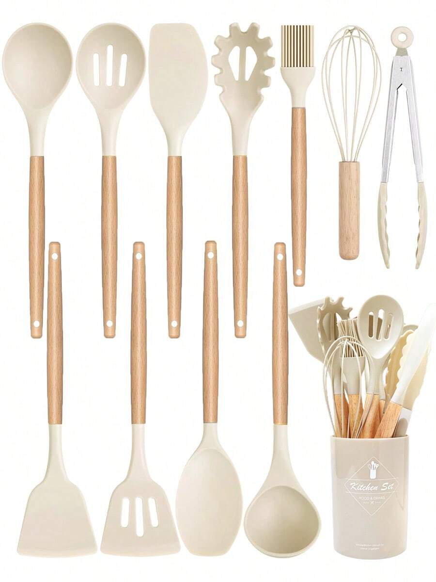 44pcs/Set Wooden Handle Silicone Kitchen Utensil Set, Heat Resistant Non-Stick Cookware, Suitable For Cooking And Baking, Ideal For Christmas