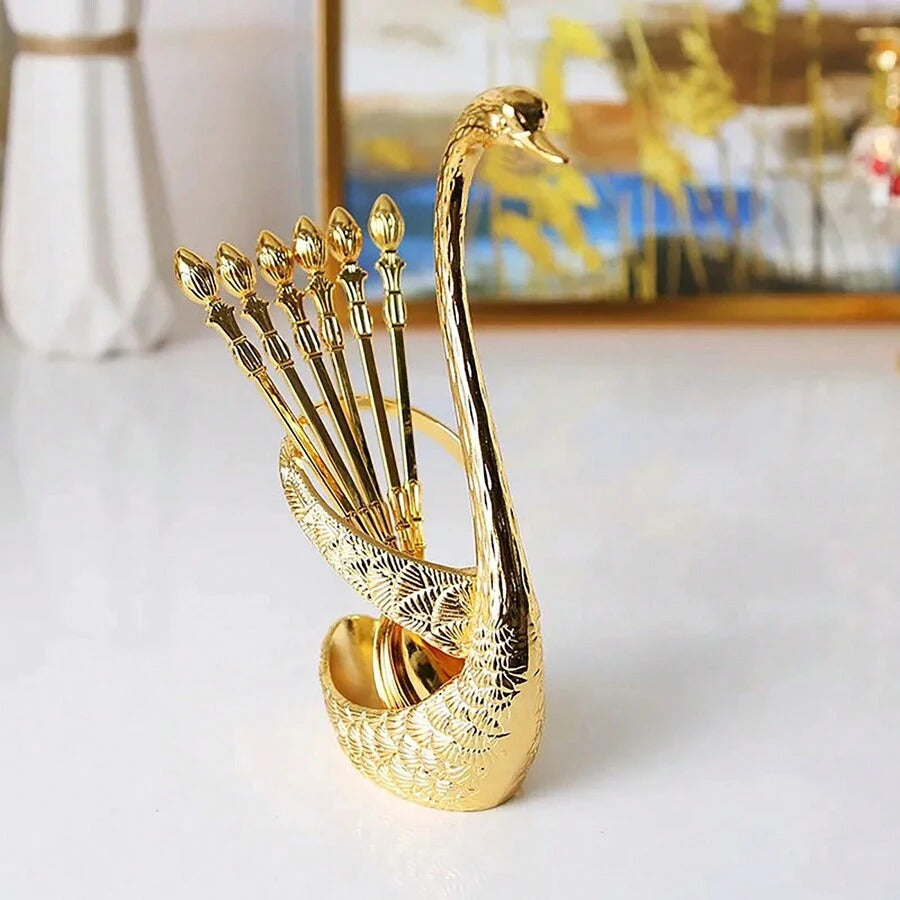 1set (7pcs) European Style Luxurious Swan-Shaped Spoon Holder, Western Restaurant Cutlery Storage, Home Kitchen Tableware Organizer, Can Hold Spoon, Fork, And Chopsticks, Kitchen, Christmas Gift,School Supplies