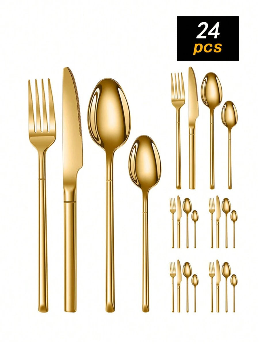 4pcs/16pcs/24pcs Stainless Steel Knight Tableware Set, Knife, Fork, Spoon, Western Dinner Cutlery, Steak Knife & Fork, Dessert Spoon, For Hotel & Restaurant,School Supplies