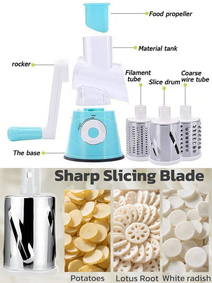 1 Set Rotary Cheese Grater, Kitchen Rotary Shredder With 3 Blades, Vegetable Slicer, Quick Cheese Grater For Vegetables And Nuts