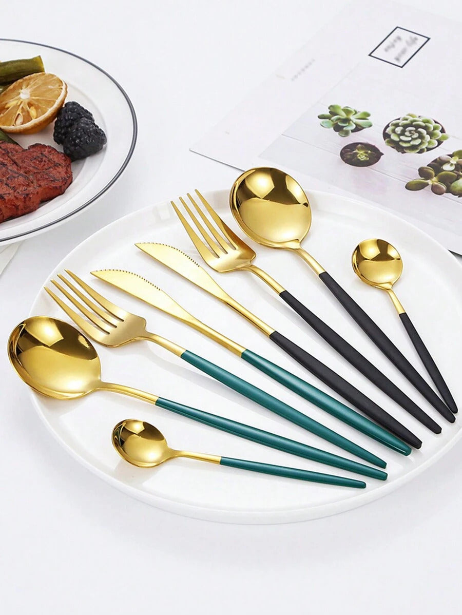 4/16/24/32/40pcs Portuguese Stainless Steel Knife Fork Spoon Steak Cutlery Set, Suitable For Kitchen, Restaurant, Hotel, Wedding, Party, Holiday Gift,School Supplies