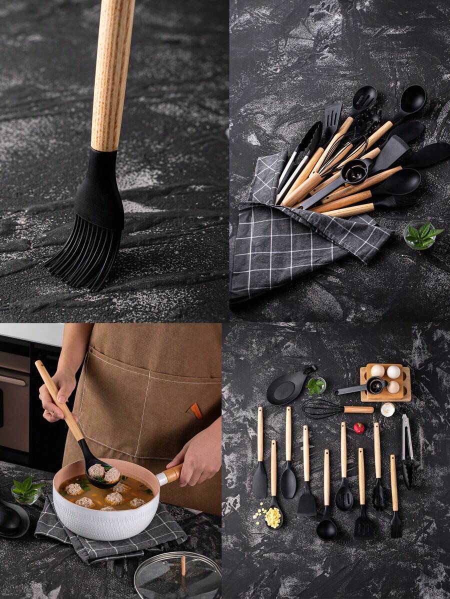 36pcs Silicone Kitchen Cooking Utensils, Heat-Resistant Cooking Utensils Set Of Wooden Handles, Non-Stick Kitchen Gadgets, Including Scraper Spoons, Pizza Knives, Kitchen Stuff Kitchen Accessories Home Kitchen Items