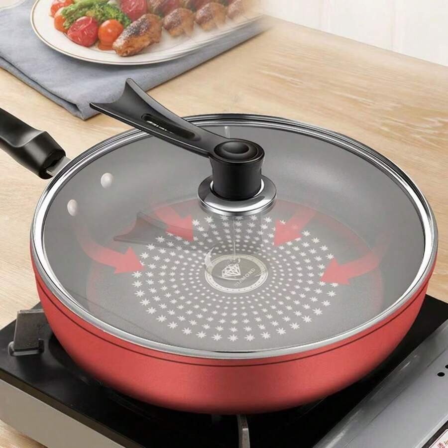 24cm Red/Green/Uncovered/Covered/Crystal Inlaid Non-Stick Frying Pan, Thick Bottom, Low Smoke, Suitable For Gas & Electric Stove Seafood Boil