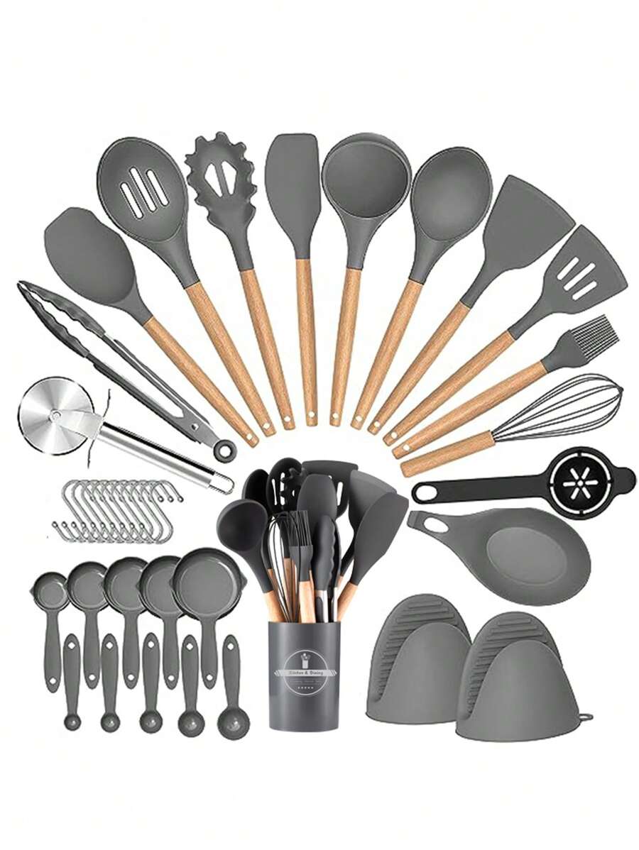 36pcs Silicone Kitchen Cooking Utensils, Heat-Resistant Cooking Utensils Set Of Wooden Handles, Non-Stick Kitchen Gadgets, Including Scraper Spoons, Pizza Knives, Kitchen Stuff Kitchen Accessories Home Kitchen Items