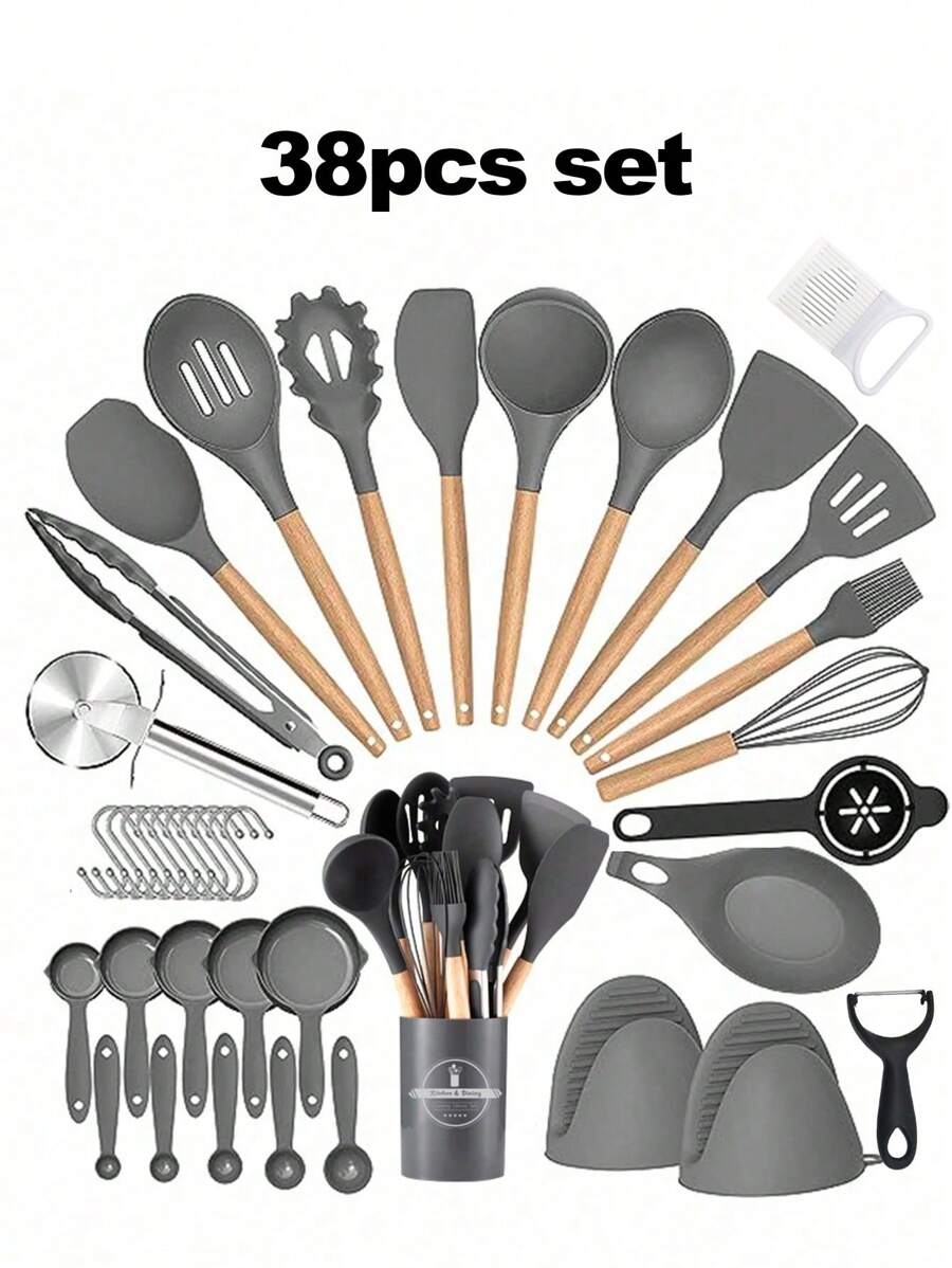 36pcs Silicone Kitchen Cooking Utensils, Heat-Resistant Cooking Utensils Set Of Wooden Handles, Non-Stick Kitchen Gadgets, Including Scraper Spoons, Pizza Knives, Kitchen Stuff Kitchen Accessories Home Kitchen Items