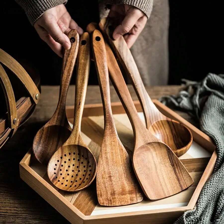 5pcs Wooden Cooking Utensil Set, Including Wok Spatula, Natural Wooden Kitchen Tools, Slotted Spoon, Ladle, Wooden Turner, Tableware Set, Wooden Spatula And Spoon