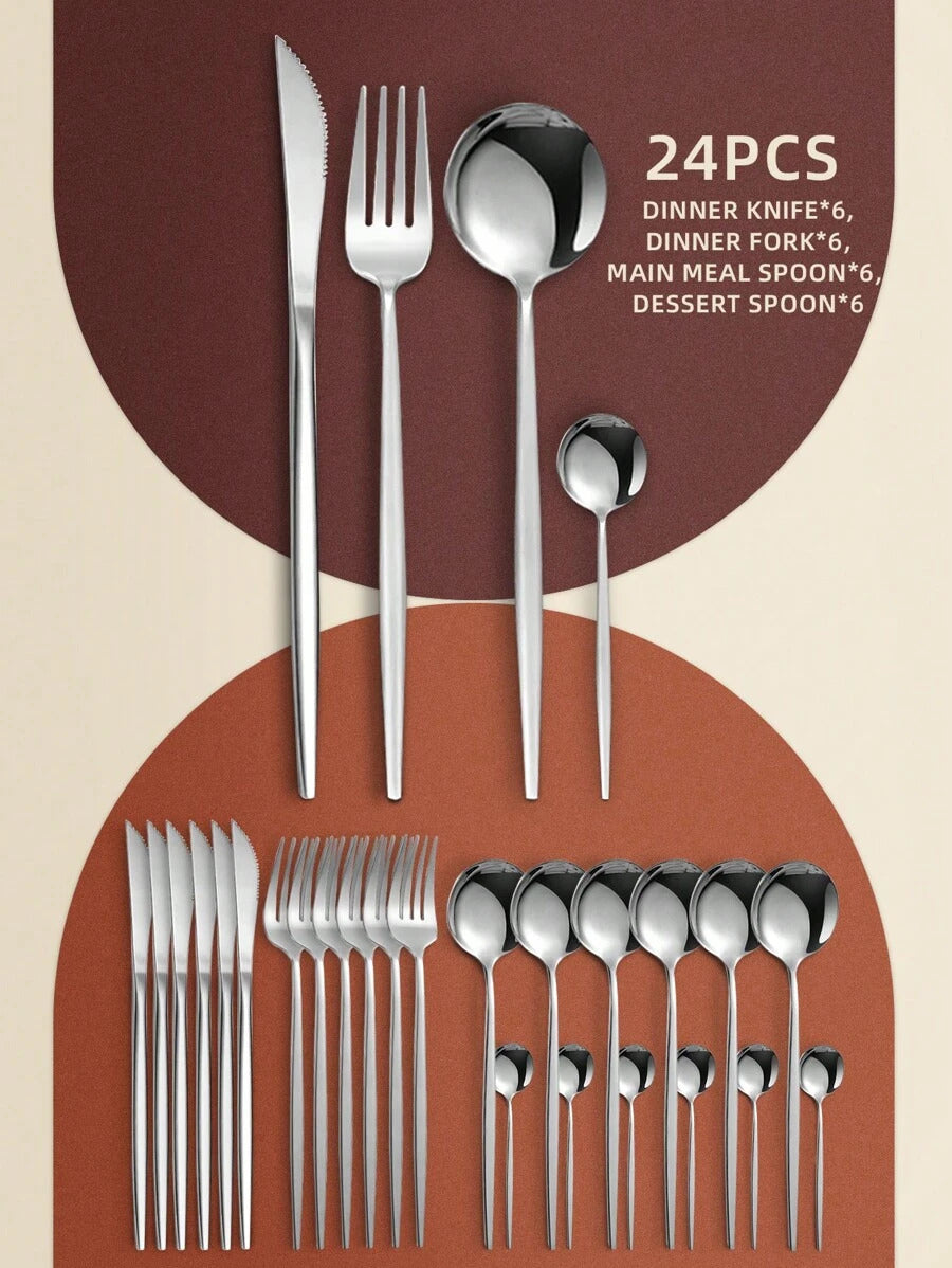 24pcs Stainless Steel Hotel Flatware Set, Includes Forks, Spoons, And Tea Spoons
