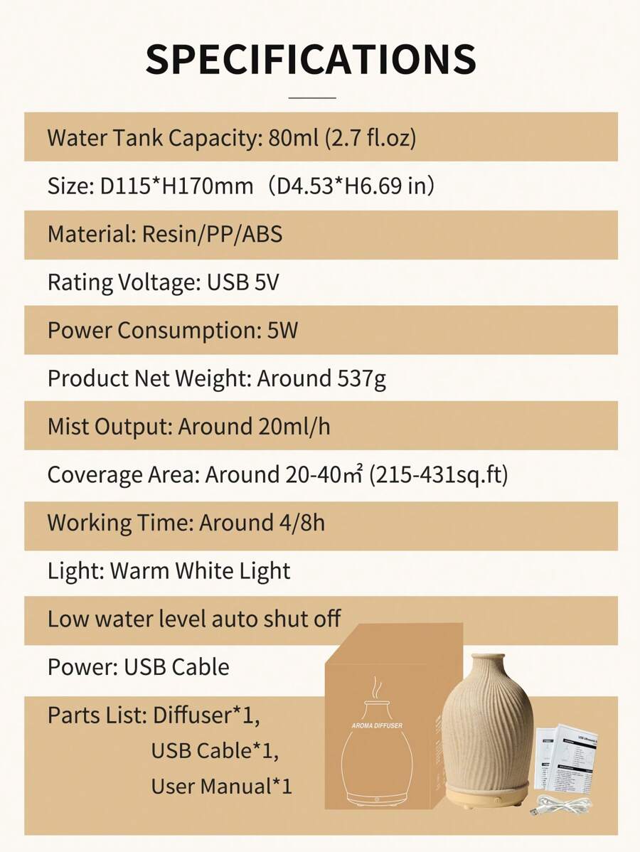 1pc USB 5V 80ml Resin Ultrasonic Essential Oil Diffuser, Suitable For Small Rooms Aromatherapy Humidifier And Diffuser