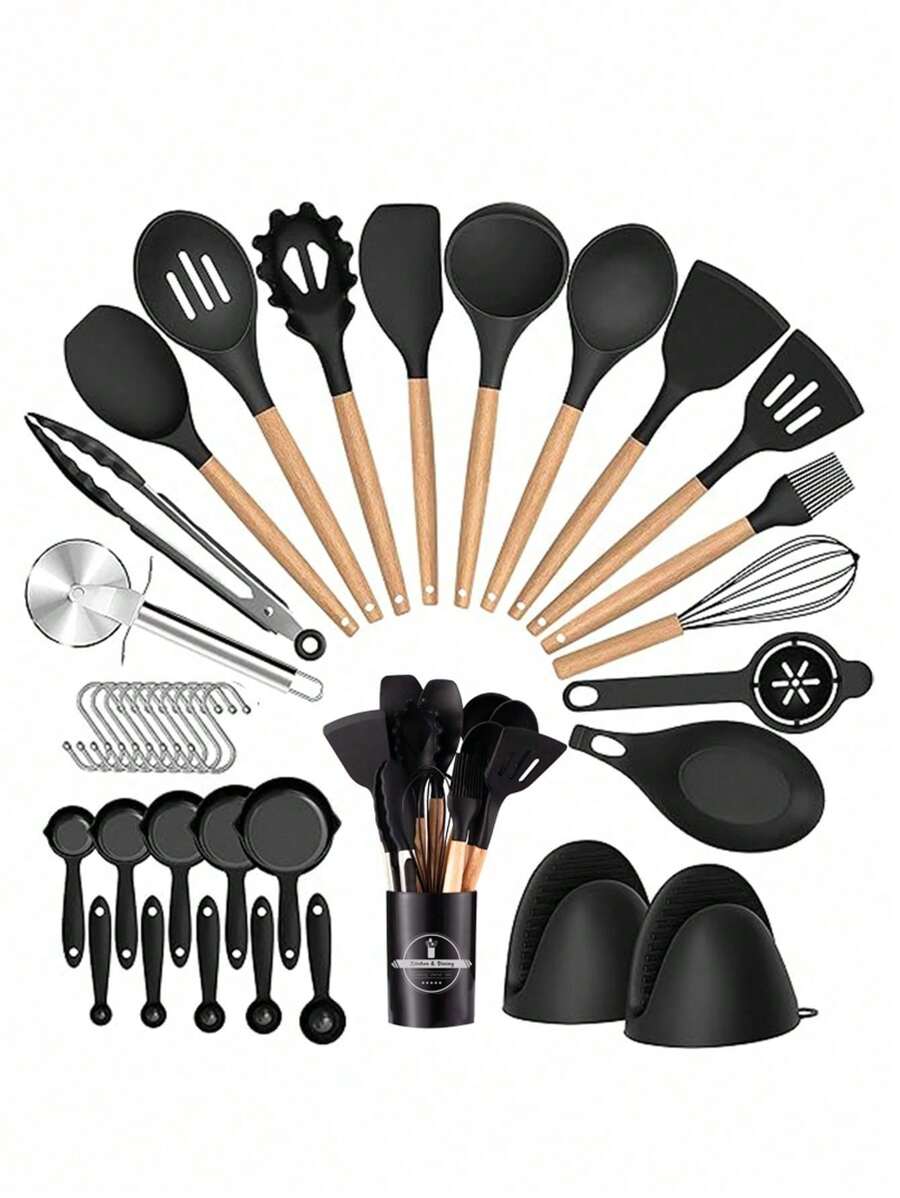 36pcs Silicone Kitchen Cooking Utensils, Heat-Resistant Cooking Utensils Set Of Wooden Handles, Non-Stick Kitchen Gadgets, Including Scraper Spoons, Pizza Knives, Kitchen Stuff Kitchen Accessories Home Kitchen Items