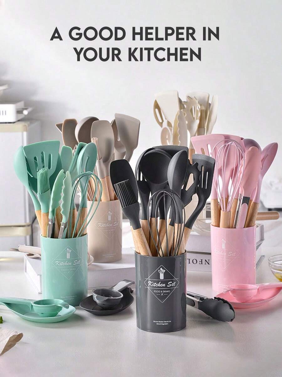 44pcs/Set Wooden Handle Silicone Kitchen Utensil Set, Heat Resistant Non-Stick Cookware, Suitable For Cooking And Baking, Ideal For Christmas