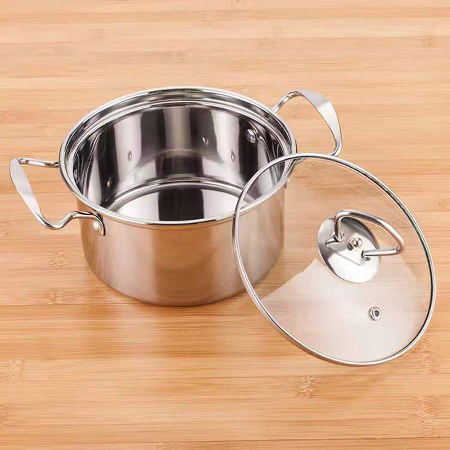 1pc Stainless Steel Mini Cooking Pot, Suitable For Electric And Gas Stoves, With See-Through Glass Lid, Ideal For Individual, Home Use Or Hot Pot Seafood Boil