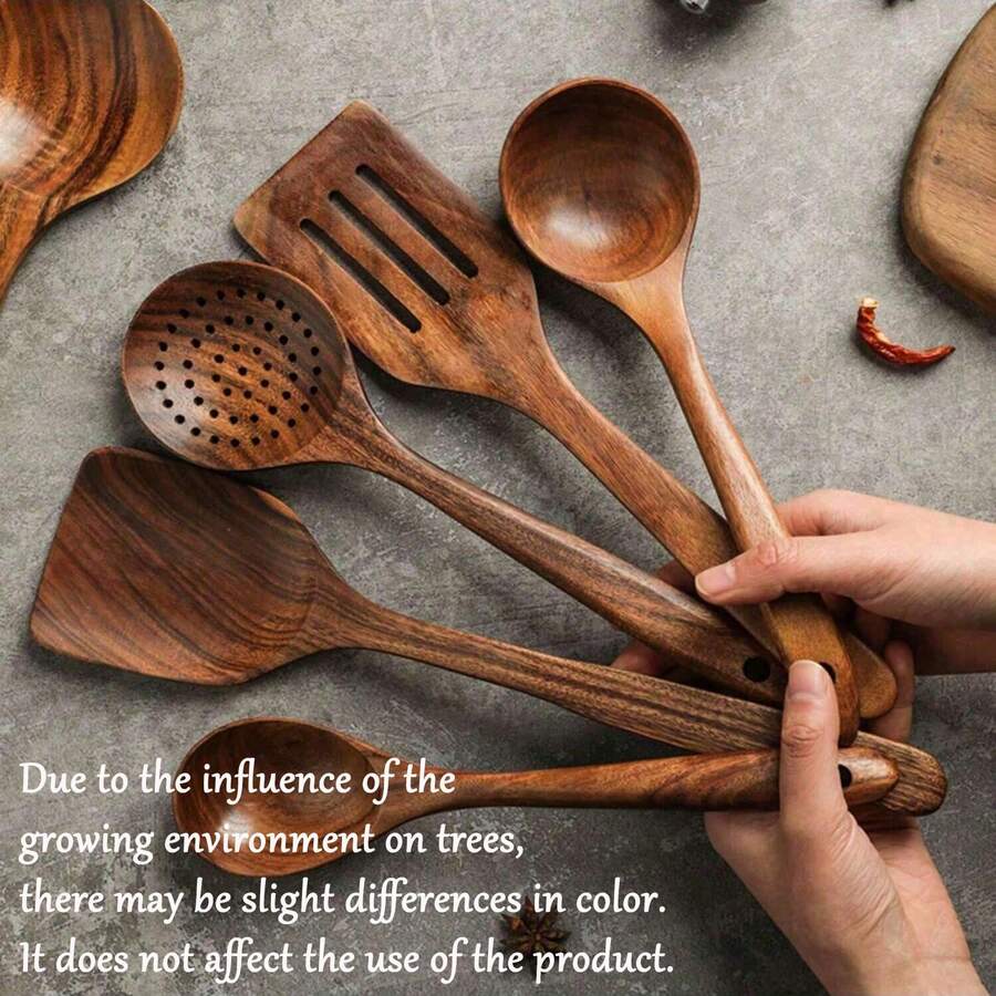 5pcs Wooden Cooking Utensil Set, Including Wok Spatula, Natural Wooden Kitchen Tools, Slotted Spoon, Ladle, Wooden Turner, Tableware Set, Wooden Spatula And Spoon