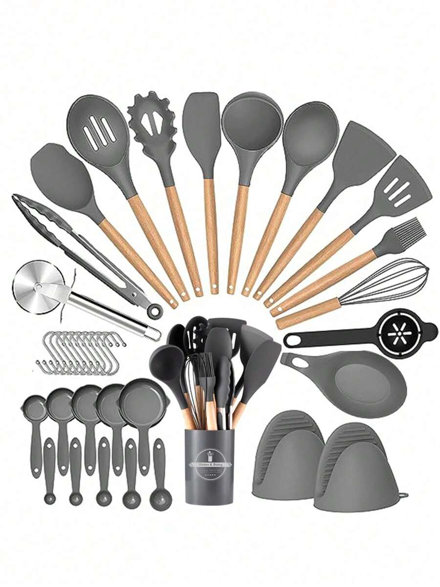 36pcs Silicone Kitchen Cooking Utensils, Heat-Resistant Cooking Utensils Set Of Wooden Handles, Non-Stick Kitchen Gadgets, Including Scraper Spoons, Pizza Knives, Kitchen Stuff Kitchen Accessories Home Kitchen Items