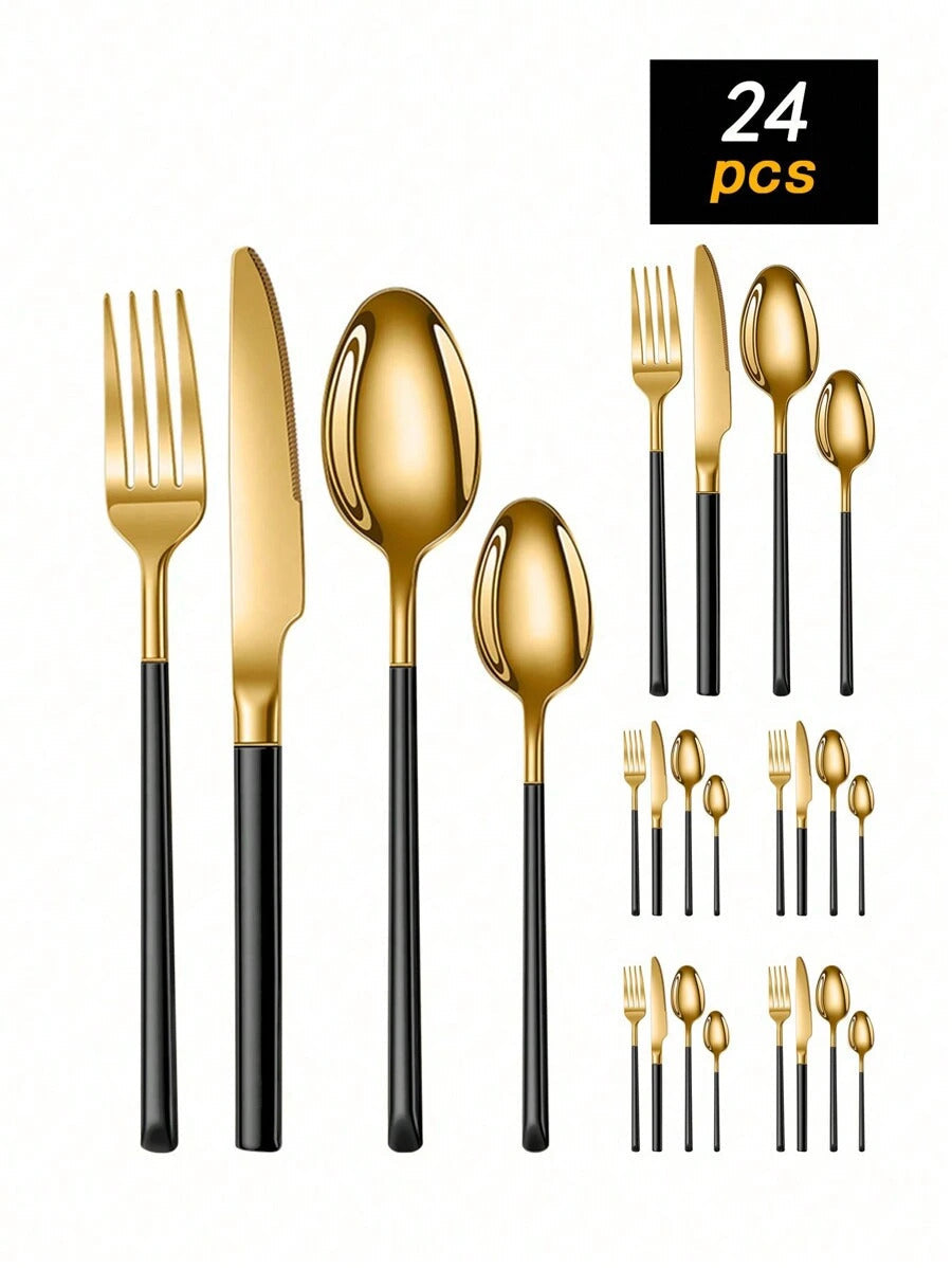 4pcs/16pcs/24pcs Stainless Steel Knight Tableware Set, Knife, Fork, Spoon, Western Dinner Cutlery, Steak Knife & Fork, Dessert Spoon, For Hotel & Restaurant,School Supplies