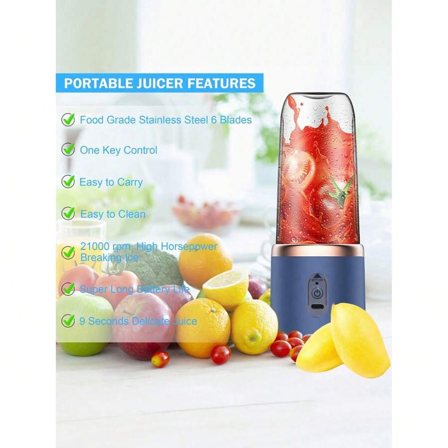 1pc Wireless Portable Electric Juicer Blender, Mini Smoothie Maker With 6 Blades And Dual Cups, USB-C Rechargeable Fruit Juice Blender, Multi-Function Smoothie Cup Mixer, Great For Vegetables, Fruits, Milkshakes,Blenders For Kitchen, Practical New Year An